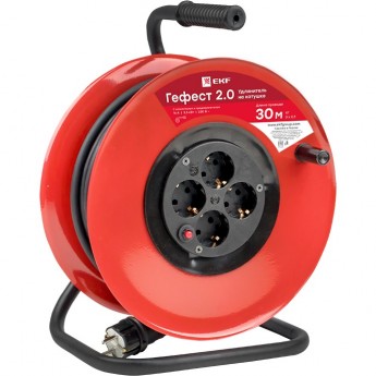Удлинитель на катушке EKF PROXIMA "ГЕФЕСТ 2.0" 4 гнезда 30м с заземлением и предохранителем КГ 3*2,5 16А/3,5кВт Удлинитель на катушке EKF PROXIMA "ГЕФЕСТ 2.0" 4 гнезда 30м с заземлением и предохранителем КГ 3*2,5 16А/3,5кВт